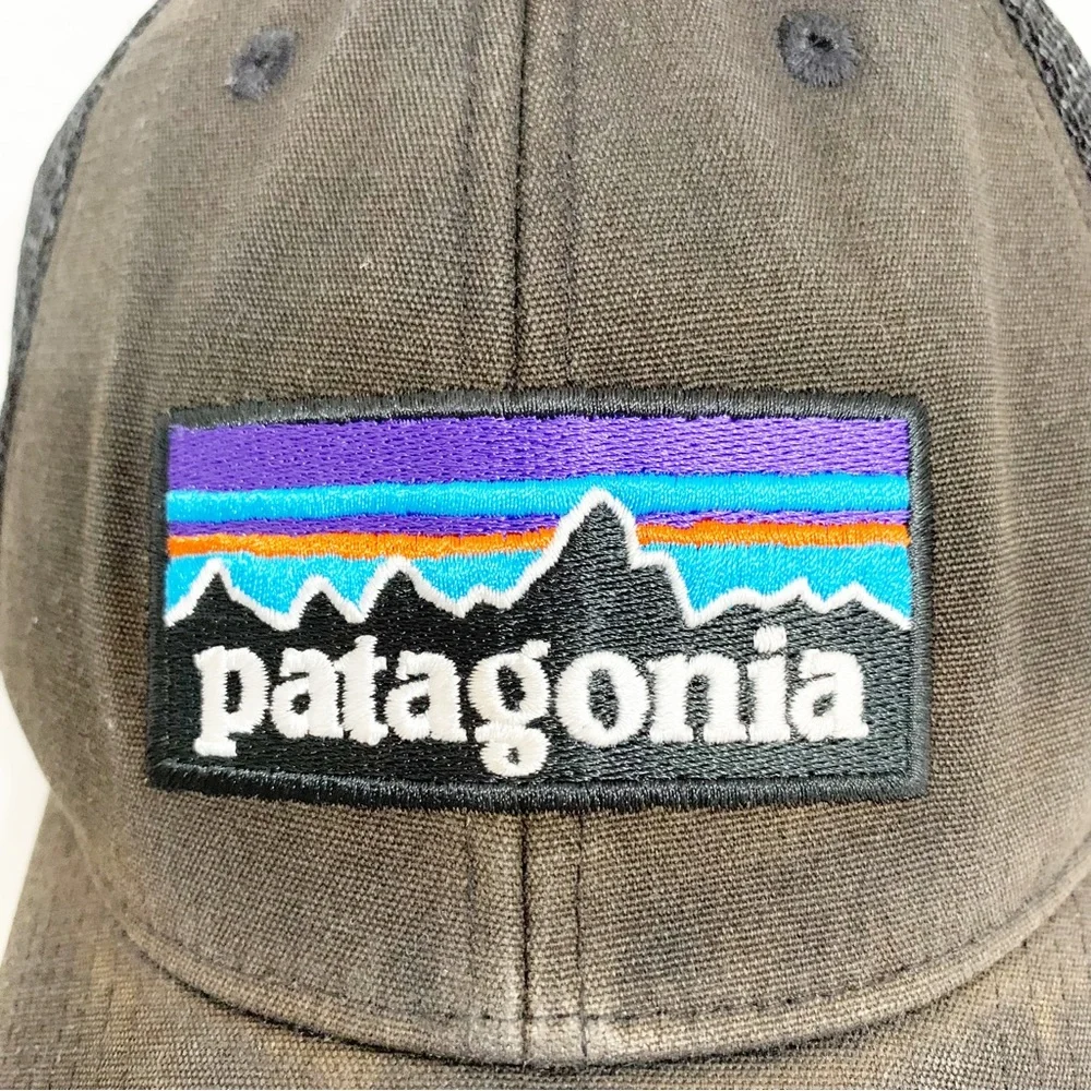 Patagonia Logo Faded Trucker Style Hat Cap Black Mesh Snapback Adjustable Back